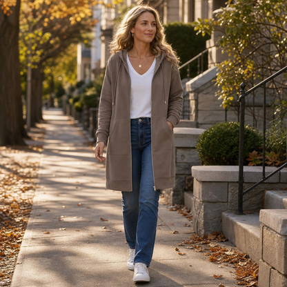 Zip-Front Hooded Mid-Length Knit Cardigan