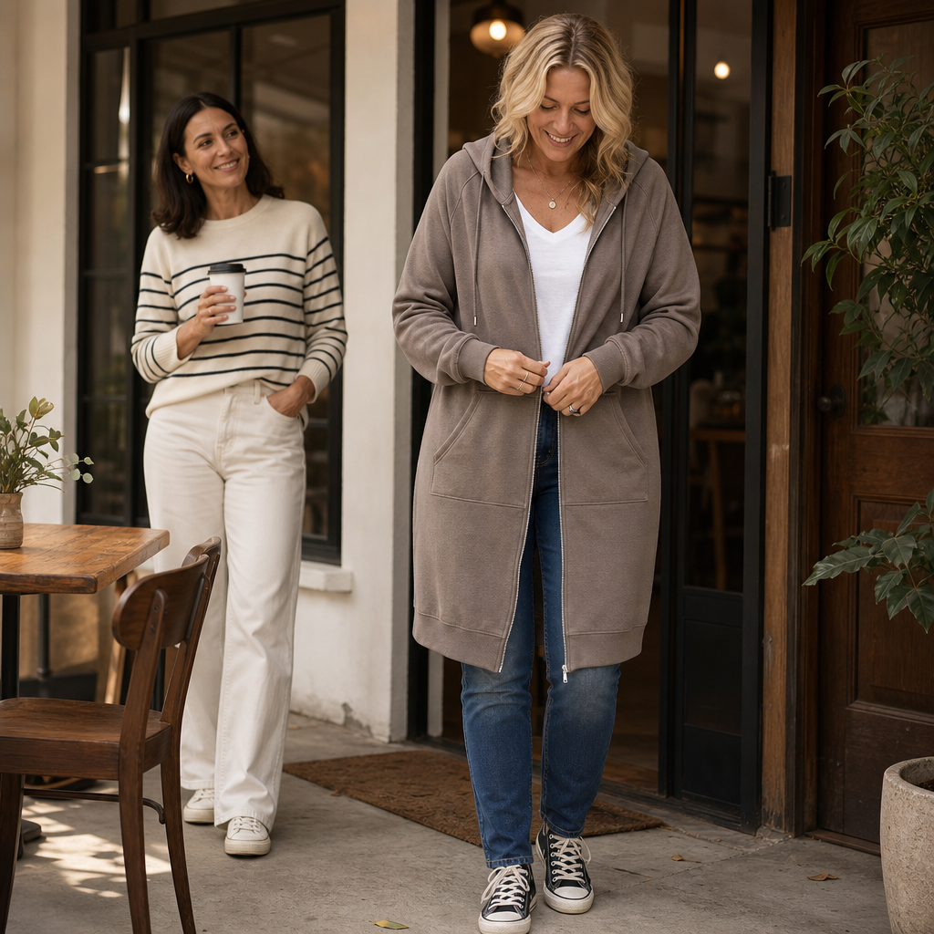 Zip-Front Hooded Mid-Length Knit Cardigan